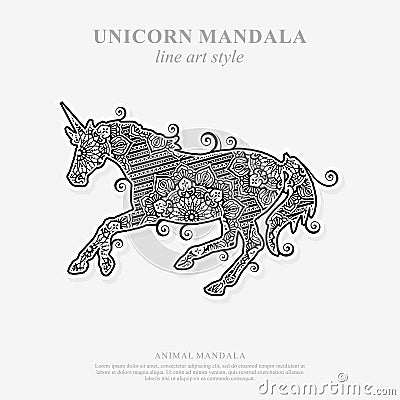 Unicorn Mandala Vector Line Art Style. Coloring page for adult and kids. Vector Illustration. Vector Illustration