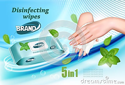 Desinfecting wet wipes ad template, female hands using wet wipe to desinfecting cleance. Vector Illustration