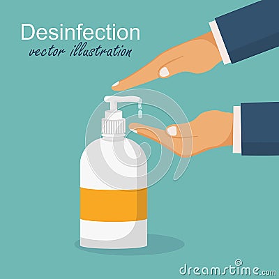 Desinfection concept. Man washing hands. Vector illustration in flat design. Applying a moisturizing sanitizer Vector Illustration