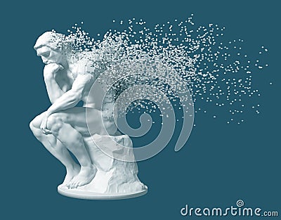 Desintegration Of Sculpture Thinker On Blue Background Editorial Stock Photo