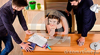 Desirable sexy lady boss. Woman sexy attractive female working with men colleagues. Busty colleague. Sexual attraction Stock Photo