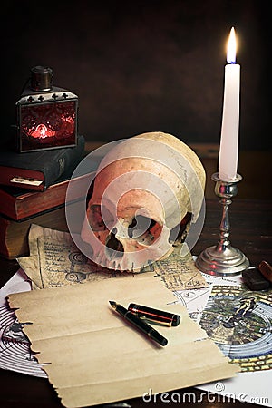 The desk of an alchemist Stock Photo