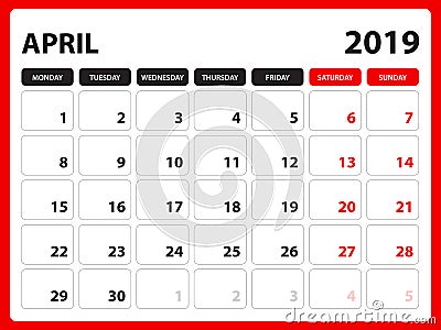 Desk calendar for APRIL2019 template, Printable calendar, Planner design template, Week starts on Sunday, Stationery design Vector Illustration