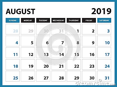 Desk calendar for AUGUST 2019 template, Printable calendar, Planner design template, Week starts on Sunday, Stationery design Vector Illustration