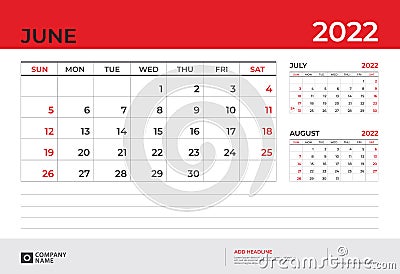 Desk Calendar 2022 design, June 2022 template, week start on sunday, Planner design, Wall calendar 2022 layout Vector Illustration