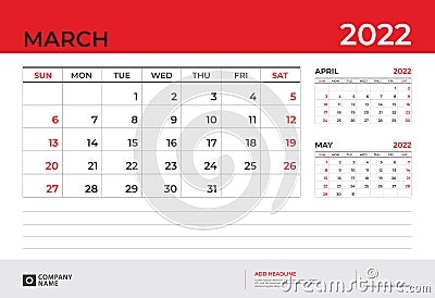 Desk Calendar 2022 design, March 2022 template, week start on sunday, Planner design, Wall calendar 2022 layout Vector Illustration