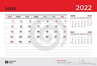 Desk Calendar 2022 design, May 2022 template, week start on sunday, Planner design, Wall calendar 2022 layout Vector Illustration