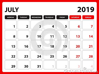 Desk calendar for JULY 2019 template, Printable calendar, Planner design template, Week starts on Sunday, Stationery design Vector Illustration