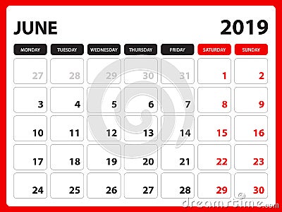 Desk calendar for JUNE 2019 template, Printable calendar, Planner design template, Week starts on Sunday, Stationery design Vector Illustration