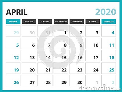 Desk calendar layout Size 8 x 6 inch, April 2020 Calendar template, planner design, week starts on sunday, stationery design Vector Illustration