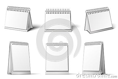 Desk calendar mockup. Blank calendars stand, table diary reminder and realistic 3D white template vector set Vector Illustration