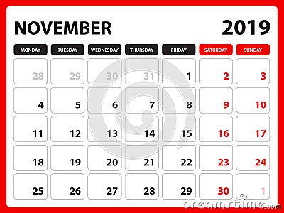 Desk calendar for NOVEMBER 2019 template, Printable calendar, Planner design template, Week starts on Sunday, Stationery design Vector Illustration