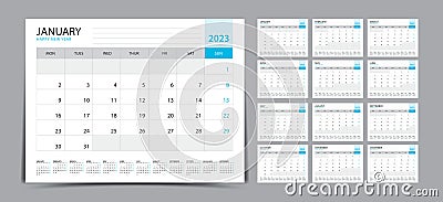 Desk calendar 2023 Set, Monthly calendar template for 2023 year. Week Starts on Sunday. Wall calendar 2023 in a minimalist style, Vector Illustration