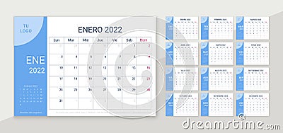 2022 desk calendar. Spanish planner template. Vector illustration. Yearly grid of calender Vector Illustration