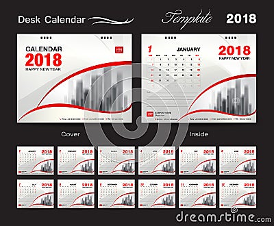 Desk Calendar 2018 template design, red cover, Set of 12 Months, corporate calendar idea Vector Illustration