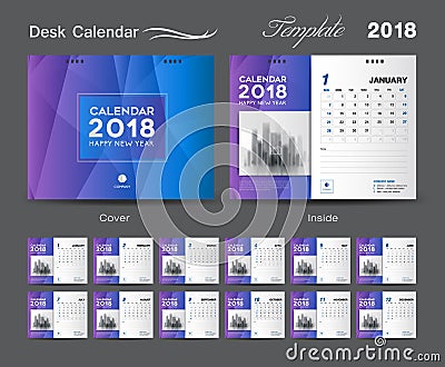 Desk Calendar 2018 template layout design, Purple cover Vector Illustration