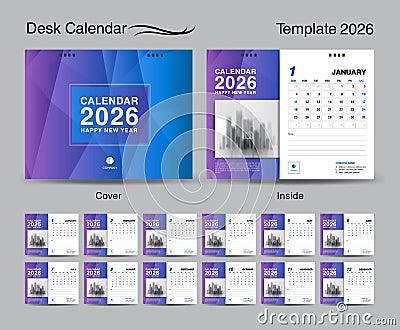 Desk Calendar 2026 template set and Blue cover design, Set of 12 Months, creative calendar 2026 design, wall calendar 2026 year, Vector Illustration