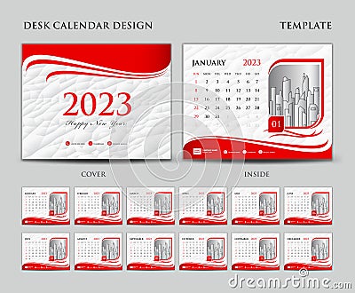 Desk calendar 2023 template set, Cover design red, background, wall calendar 2023 design, planner, calendar date, simple Vector Illustration