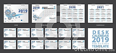 Desk calendar 2019 template, Set of 12 Months, Calendar 2020-2021 artwork, Planner, Week starts on Sunday, Stationery design Vector Illustration