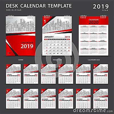 Desk calendar 2019 template. Set of 12 Months. Planner. Week starts on Sunday. Stationery design. advertisement. Vector layout. Vector Illustration