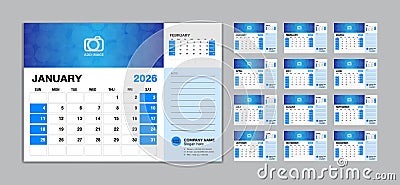 Desk Calendar 2026 template set vector, Week starts Sunday, set of 12 month, creative calendar 2026 year, wall calendar 2026, Vector Illustration
