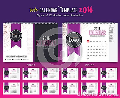 Desk Calendar 2016 Vector Design Template. Big set of 12 Months. Week Starts Sunday Vector Illustration