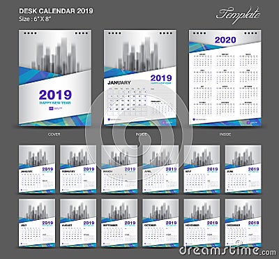 Desk Calendar 2019 year size 6 x 8 inch template, blue calendar 2019 template, Set of 12 Months, Week Starts Monday Vector Illustration