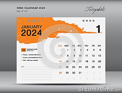 Desk calender 2024 design, January 2024 template, Calendar 2024 template, planner, simple, Wall calendar design, week starts on Vector Illustration