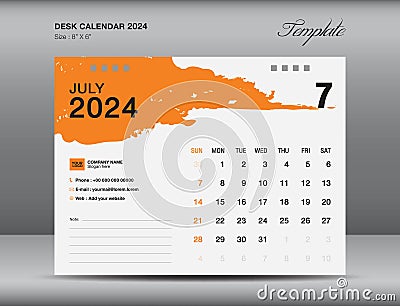 Desk calender 2024 design, July 2024 template, Calendar 2024 template, planner, simple, Wall calendar design, week starts on Vector Illustration
