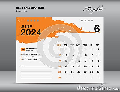 Desk calender 2024 design, June 2024 template, Calendar 2024 template, planner, simple, Wall calendar design, week starts on Vector Illustration