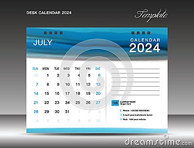 Desk calender 2024 - July 2024 template, Calendar 2024 design template, planner, simple, Wall calendar design, week starts on Vector Illustration