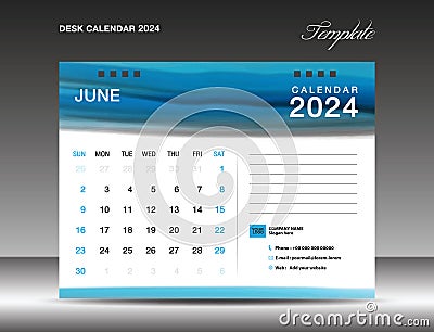 Desk calender 2024 - June 2024 template, Calendar 2024 design template, planner, simple, Wall calendar design, week starts on Vector Illustration