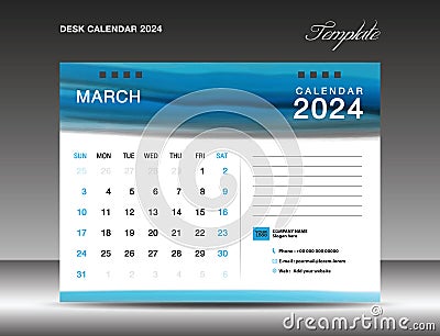 Desk calender 2024 - March 2024 template, Calendar 2024 design template, planner, simple, Wall calendar design, week starts on Vector Illustration