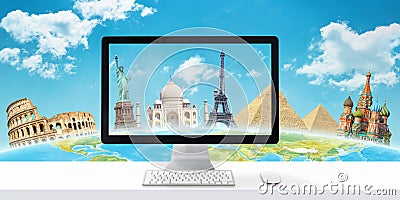 Desk with computer display and famous world tourist destinations in background Stock Photo