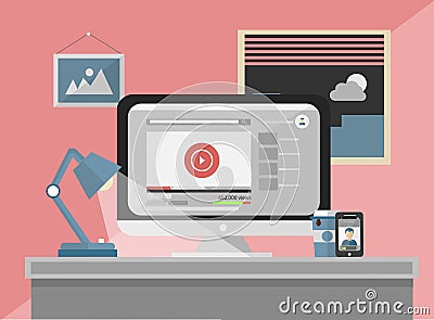 Desk on computer showing music player Vector Illustration