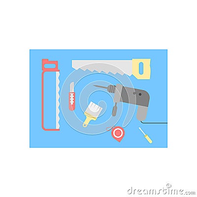 Desk elements of carpenter vector color illustration Cartoon Illustration