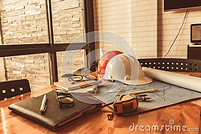 Desk Engineer Cluttered, when the evening Stock Photo