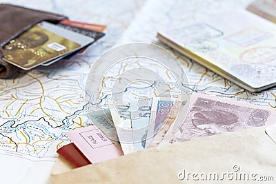 Desk of frequent traveler angle view Stock Photo