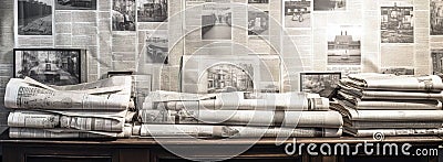 Desk full of old newspapers over wall covered with newspaper pages Stock Photo