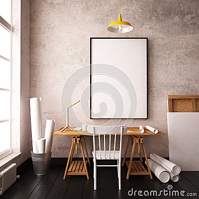 Desk in hipster style loft. mockup interior with posters. 3d Stock Photo