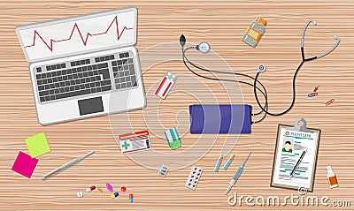 Desk with laptop, medical and healthcare devices Vector Illustration