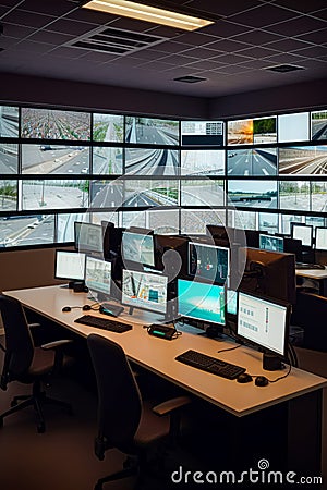 Desk with multiple monitors and keyboard and mouse in front of it. Generative AI Stock Photo