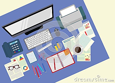 Desk. Office. Realistic workplace organization. The view from the top. Vector stock illustration. Vector Illustration