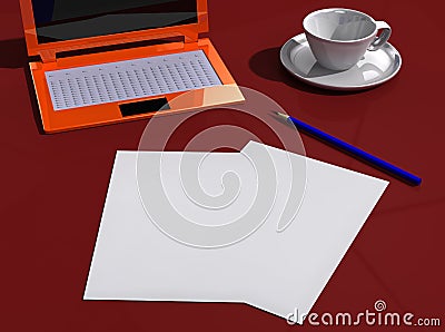 Desk with papers, laptop, pencil and cup Stock Photo