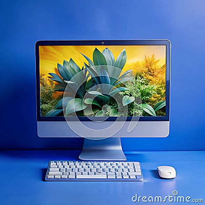 Desk setup featuring a computer monitor, mouse, and keyboard in a well-lit room Stock Photo