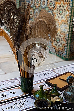 Desk and tools of arabic calligrapher Stock Photo