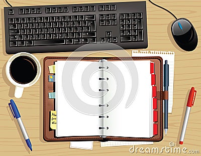 Desk top and leather desk diary Vector Illustration