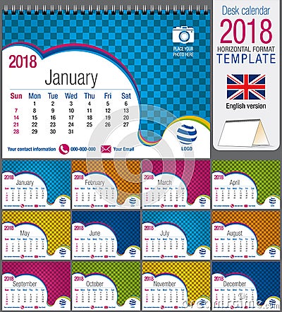 Desk triangle calendar 2018 colorful template. Size: 21 cm x 15 cm. Format A5. Vector image. Vector Illustration