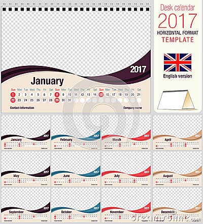 Desk triangle calendar 2017 template. Size: 210mm x 150mm. Format A5. Vector image. Vector Illustration