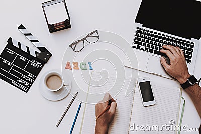 Desk. Workplace. Laptop. Cup of Coffee. Mobile Stock Photo